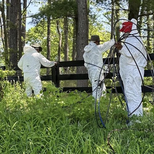 Newlin Painting team applying weather-resistant paint to a Leesburg fence for long-lasting durability